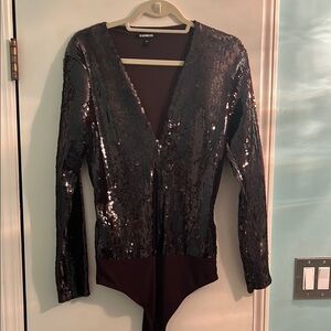 Express burgundy v-neck thong bodysuit